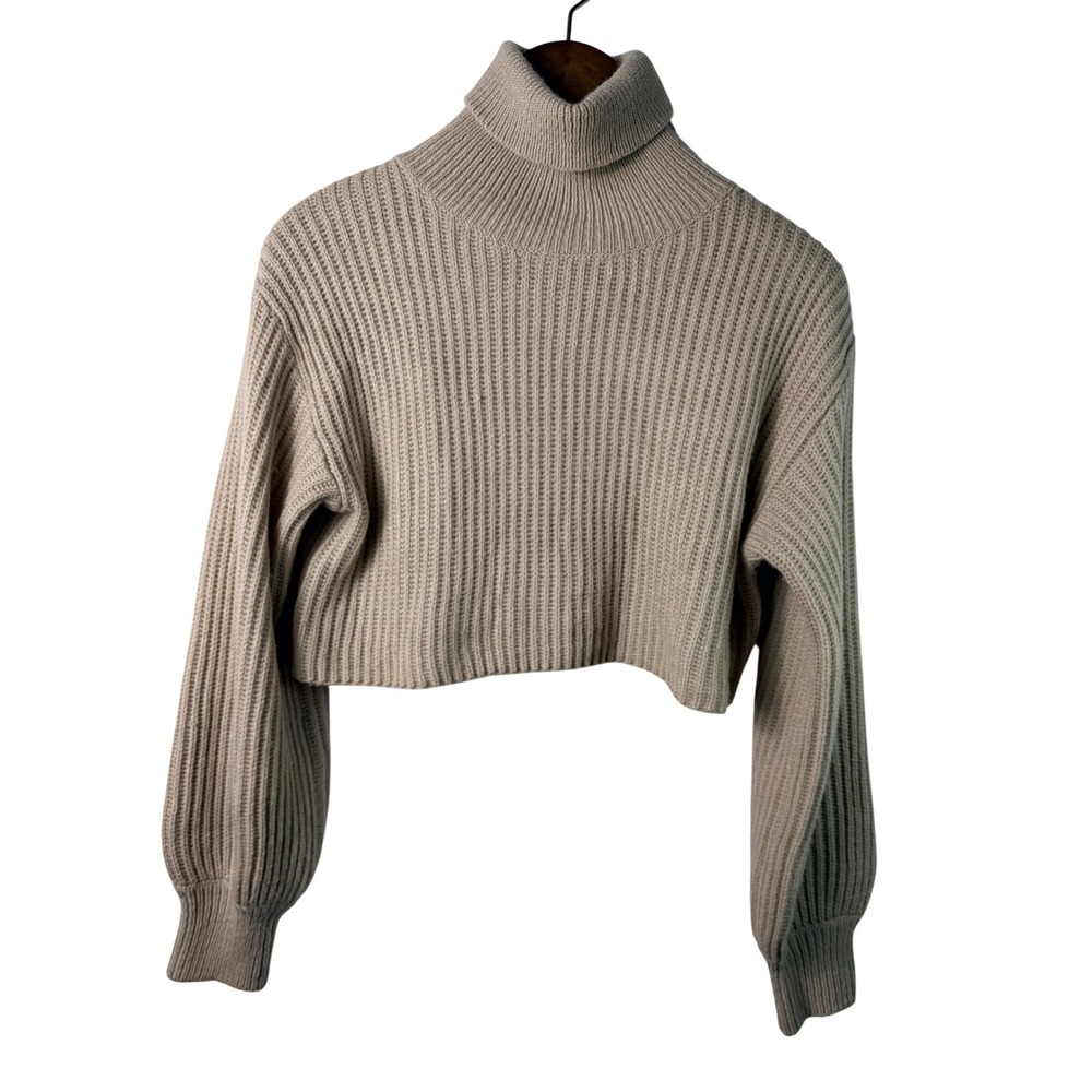 Shein Womens Cropped Sweater Beige Ribbed Turtleneck Lantern Sleeve Size S Fall